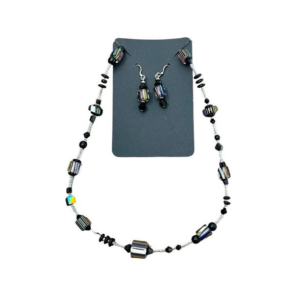 Jewelry - Custom Rainbow Multicolor Furnace Cane Glass Bead with Crystals & Earrings